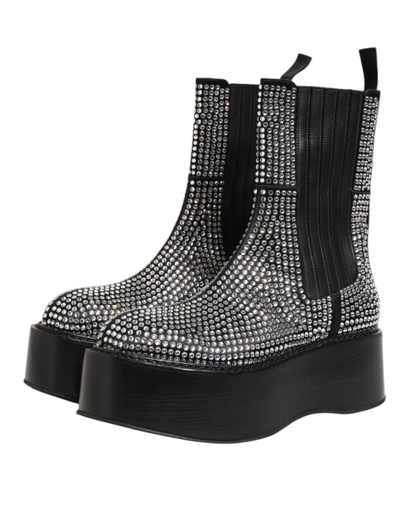 Black Crystal Strass Mid Calf Short Boots  Shoes