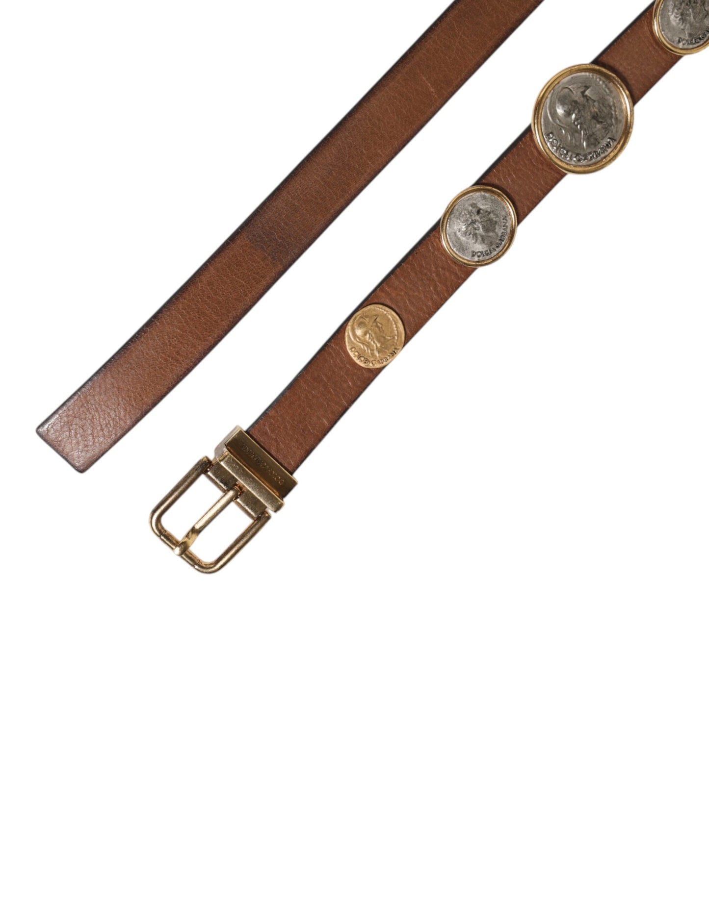 Brown Leather Gold Silver Coin Buckle Belt