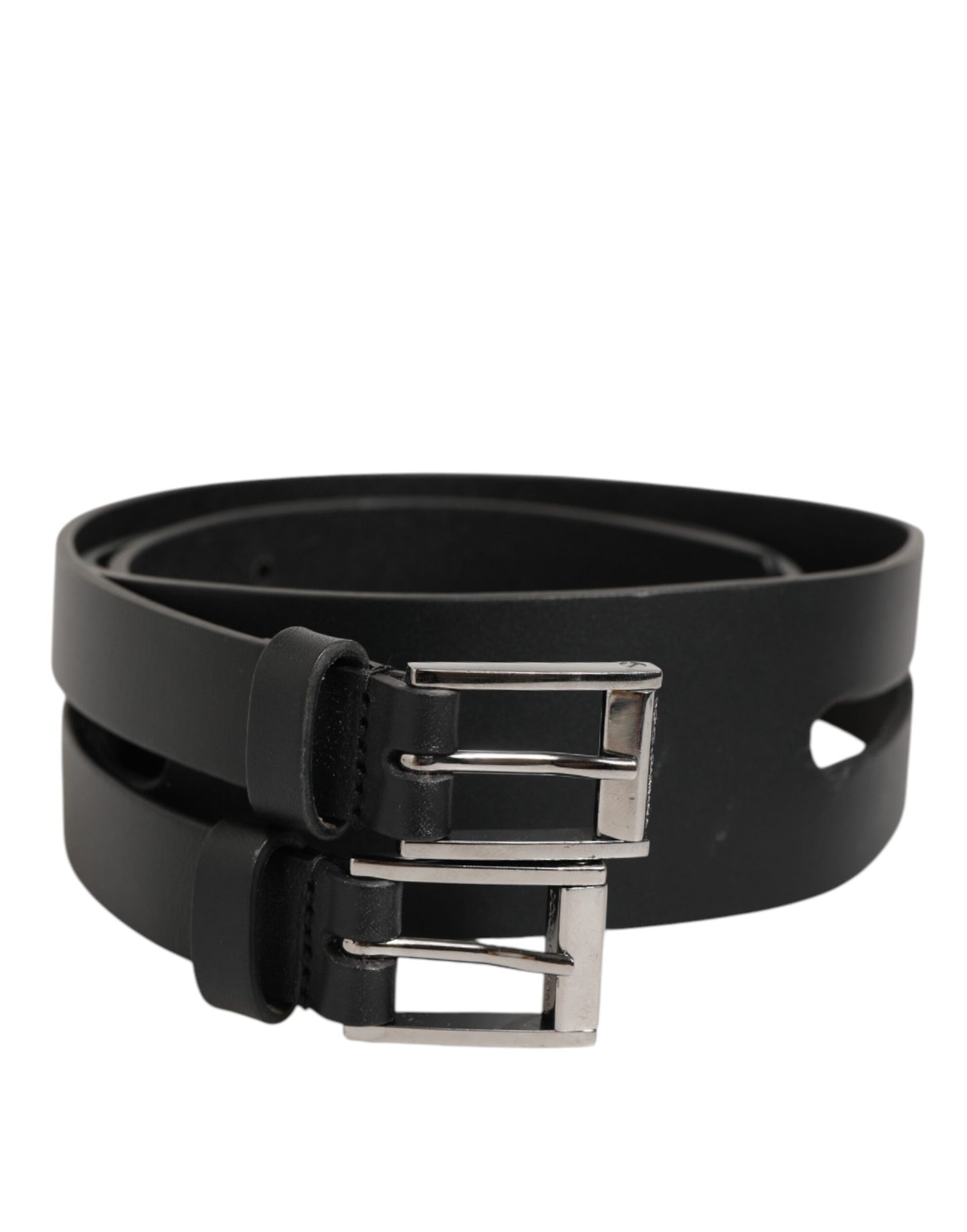 Black Double Strap Leather Silver Buckle Belt