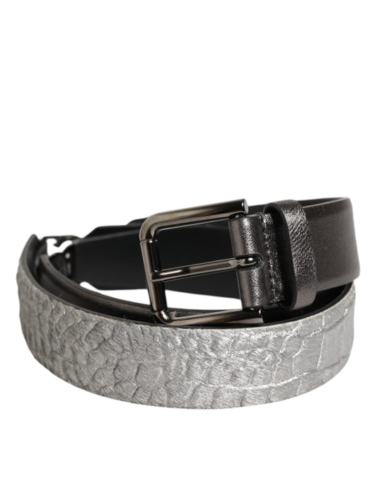 Black Silver Pebbled Texture Leather Buckle Men Belt