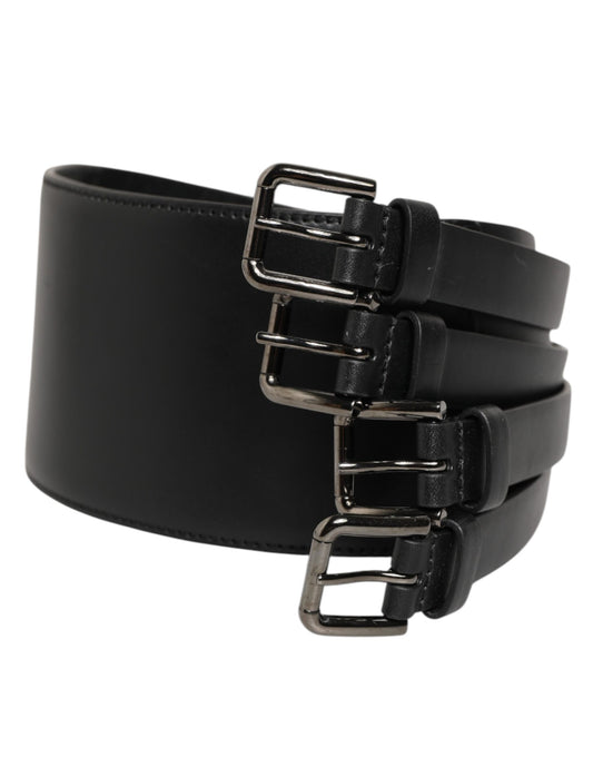 Black Leather 4-Strap Metal Multi-Buckle Belt