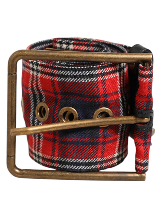 Red Plaid Fabric Logo Plate Brass Buckle Belt