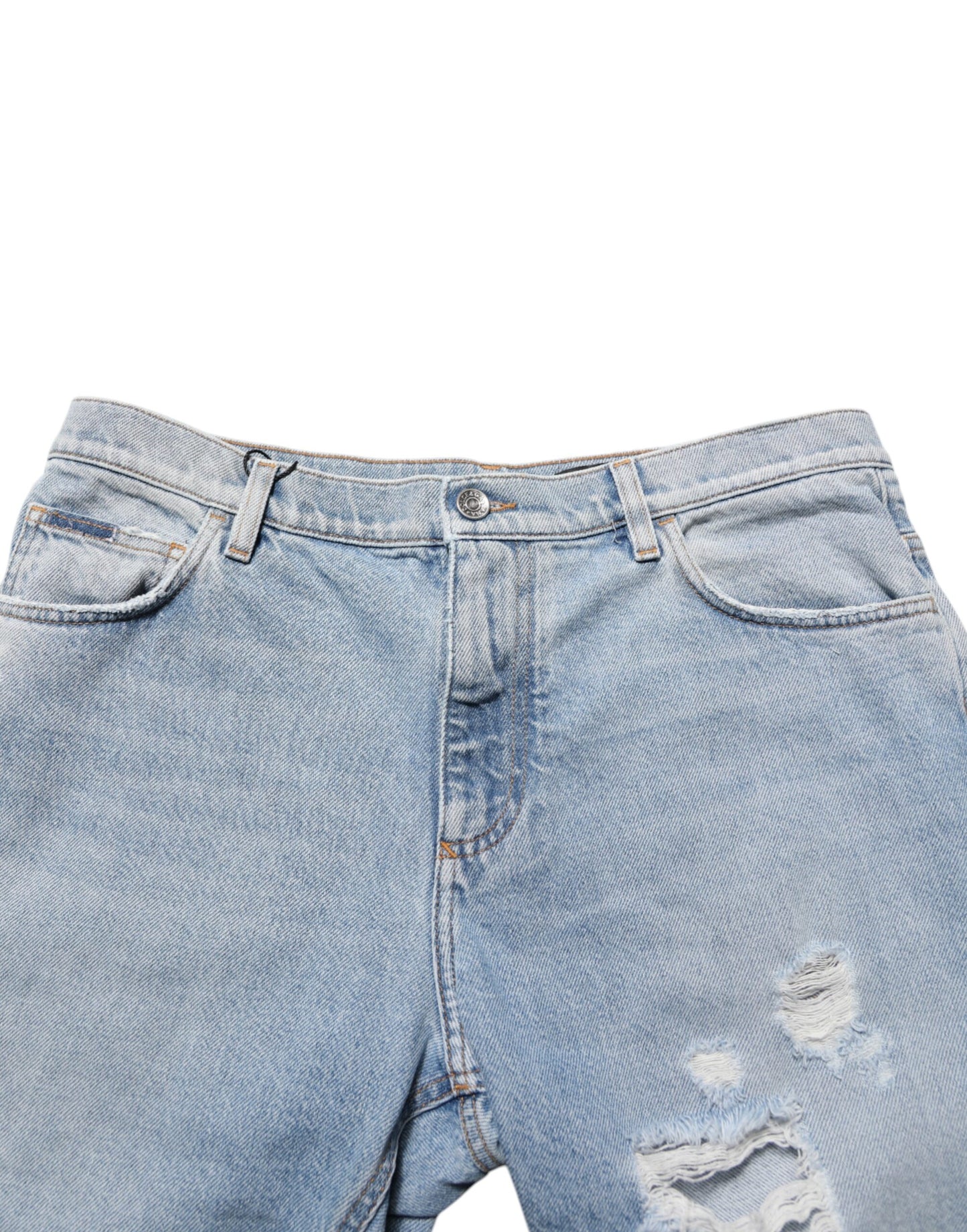 Blue Cotton Distressed Denim Bermuda  Shorts
