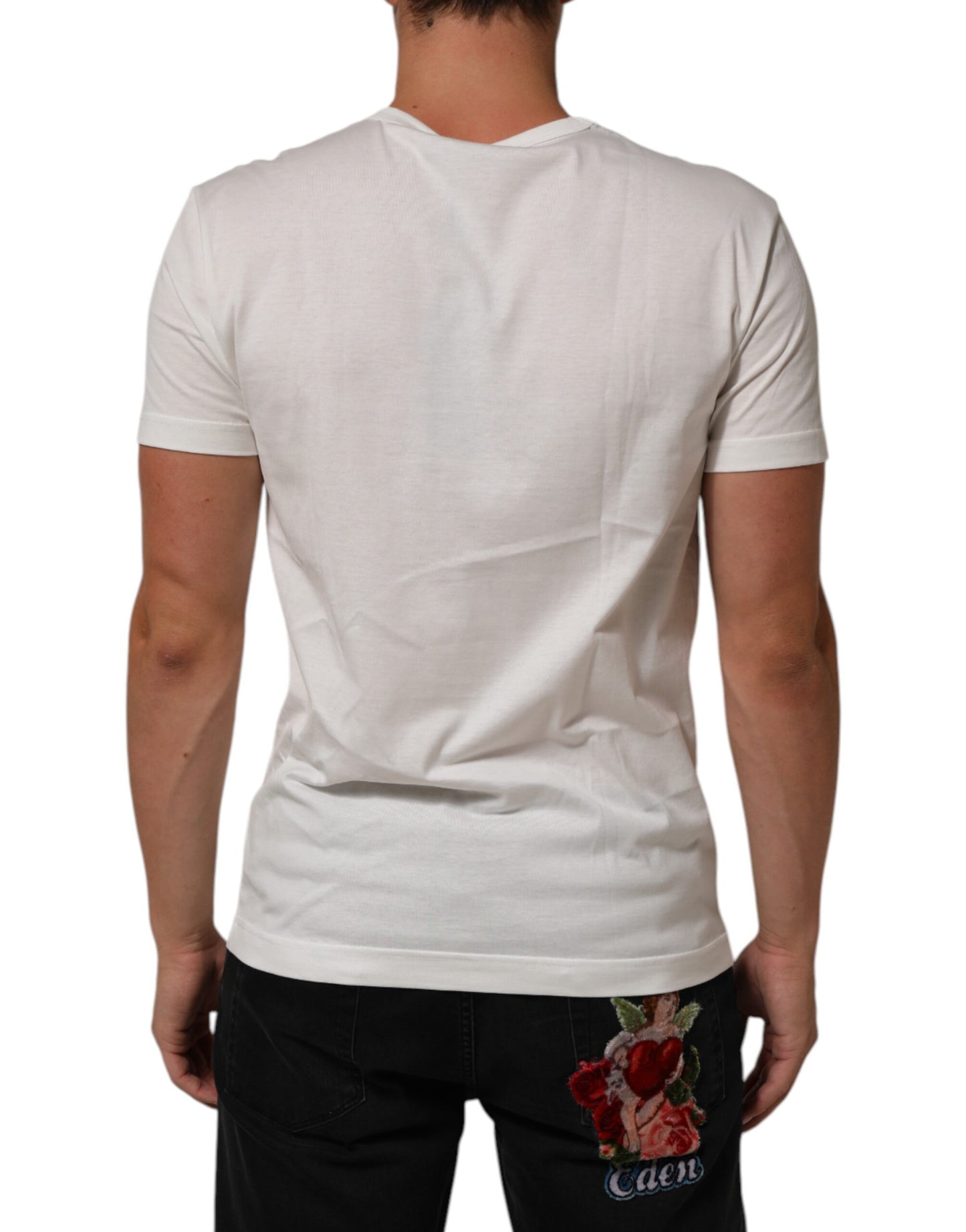 White Logo Patch Cotton Crew Neck Men T-shirt