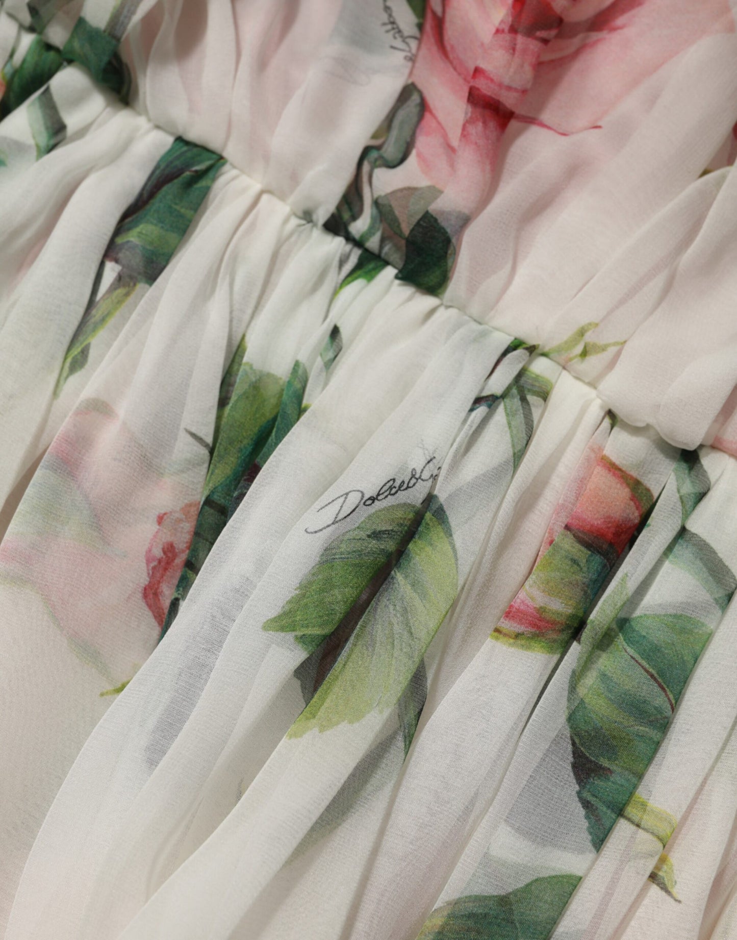 White Floral Print Silk Pleated Midi Dress