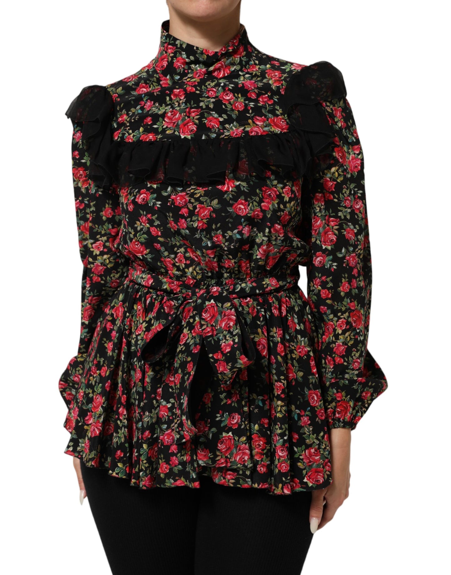 Black Floral Print Long Sleeve Blouse Top