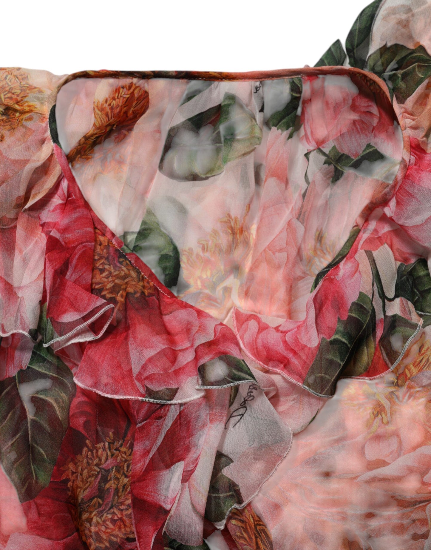 Pink Camellias Printed Silk V-neck Blouse Top