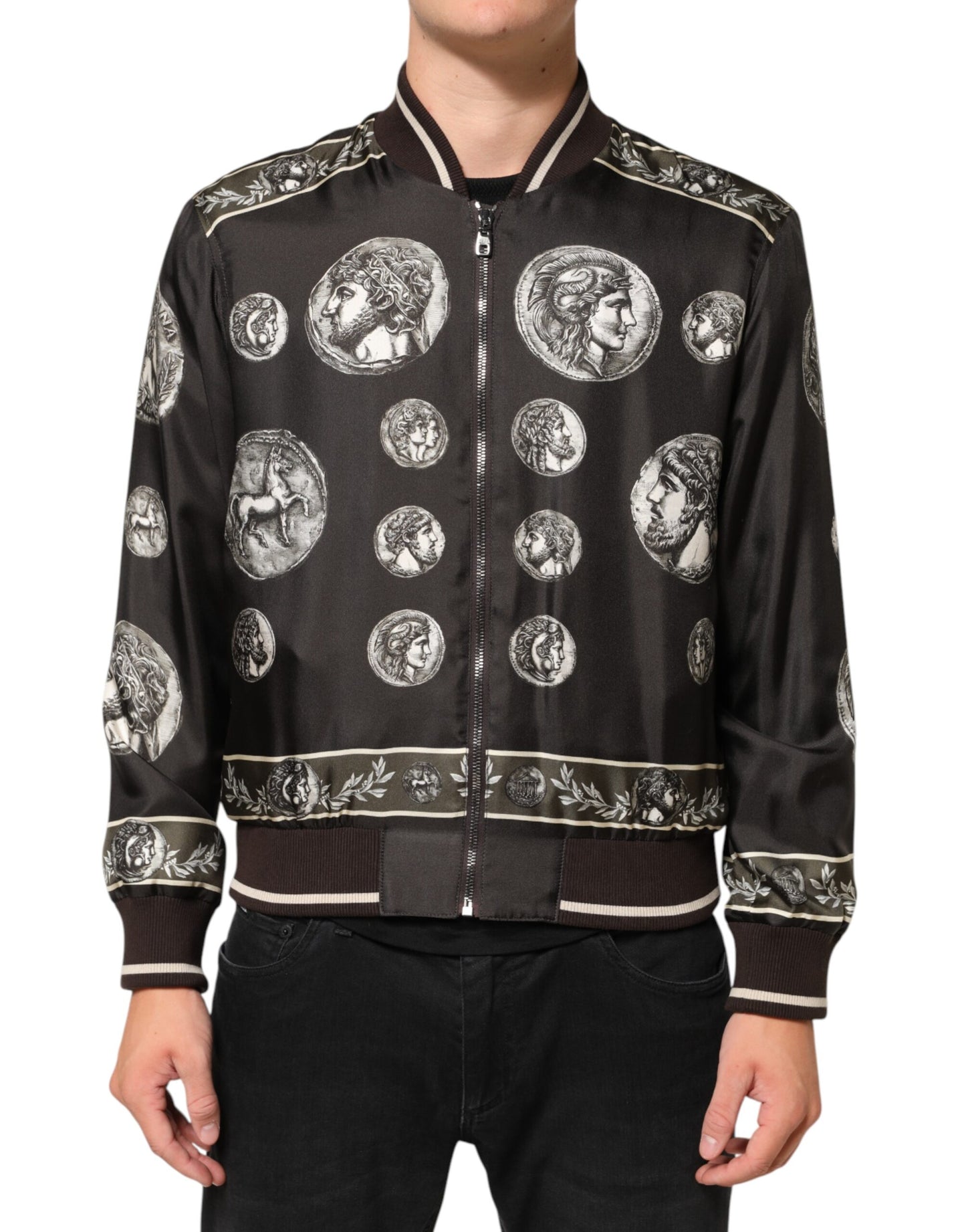 Black "Monete" Coin Print Silk Bomber Jacket