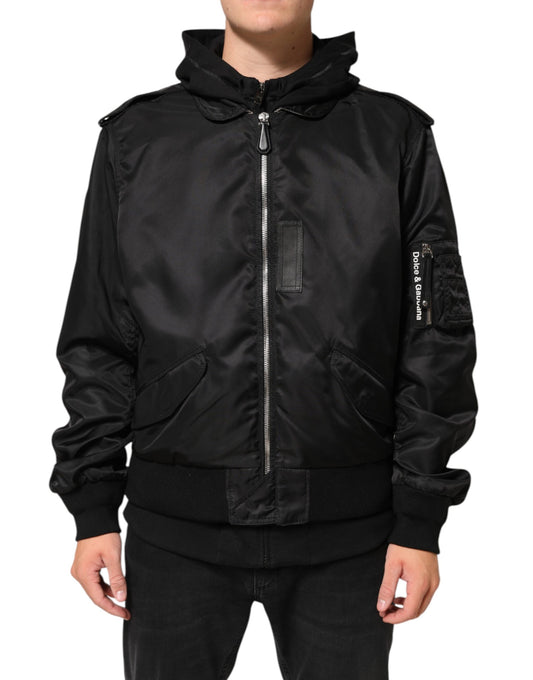 Black Cotton Hooded Full Zip Bomber Jacket