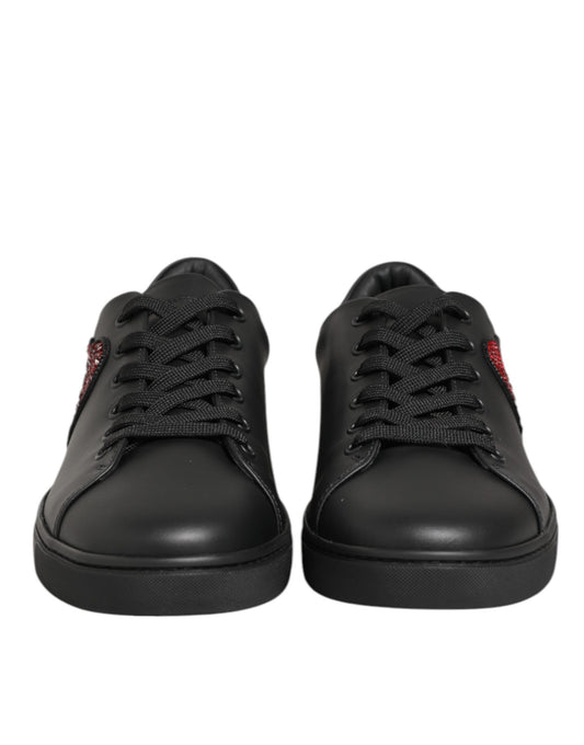 Black Leather Crystal Heart Sneakers  Shoes