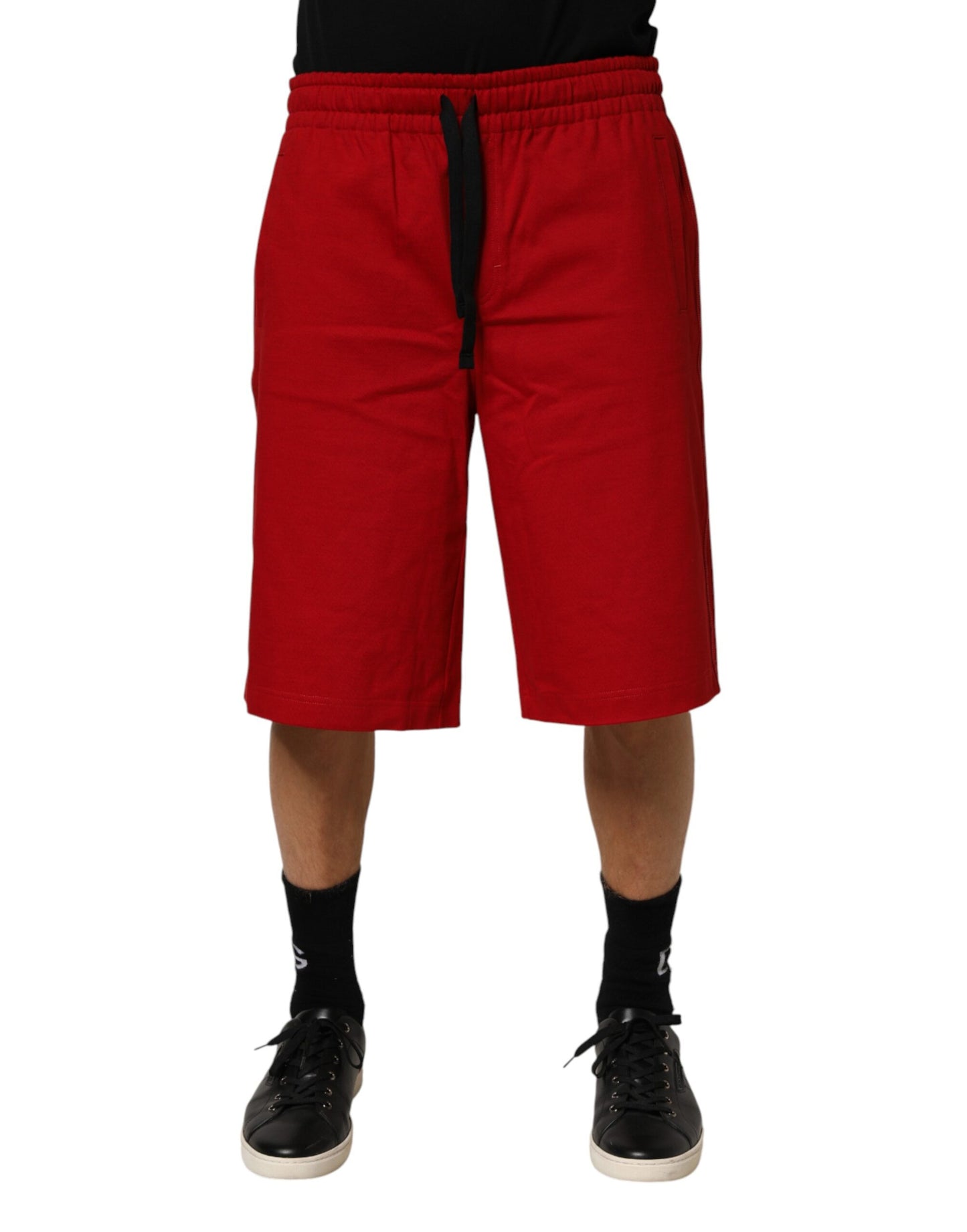 Red Cotton MidWaist Drawstring Bermuda Pants