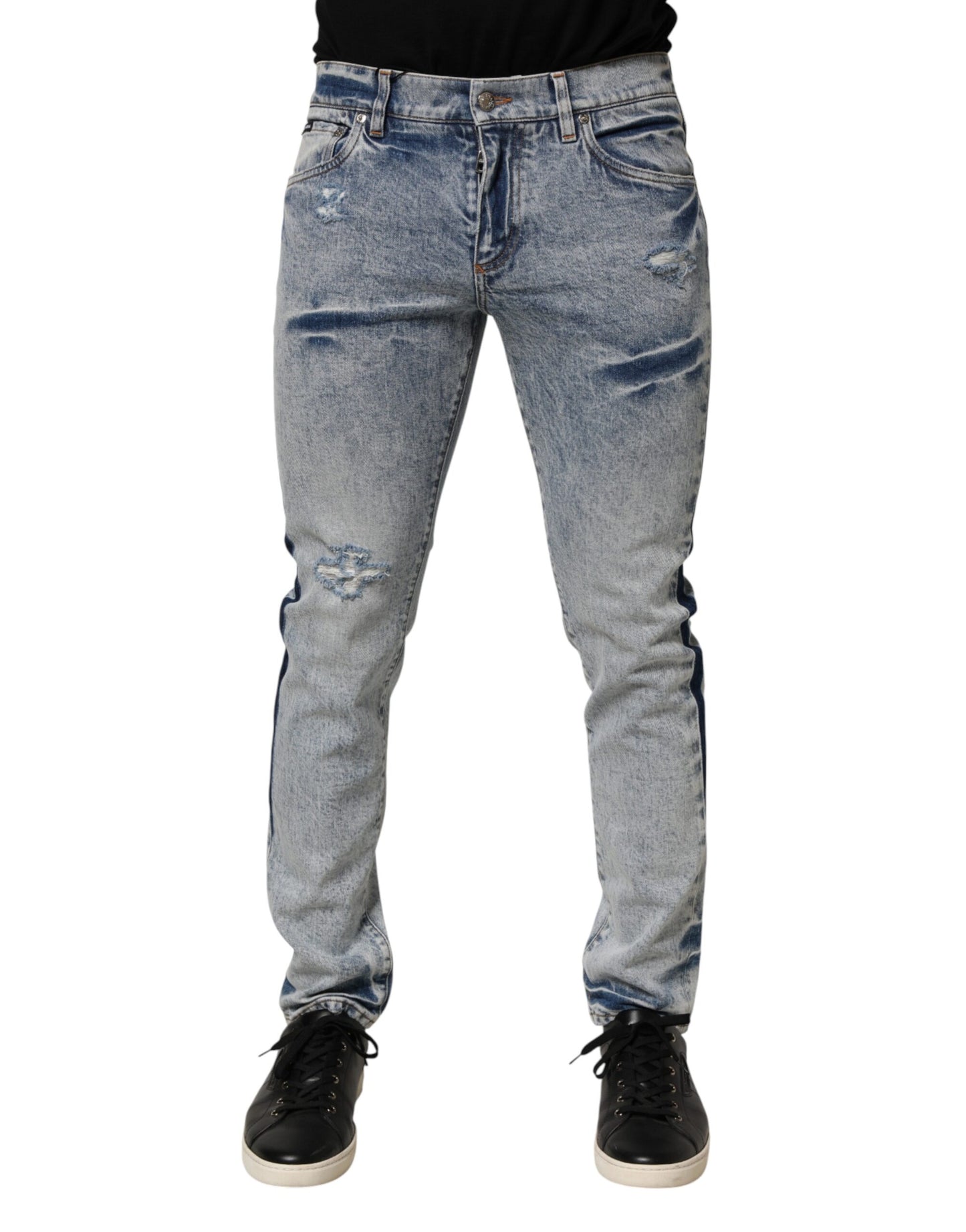 Blue Tattered Cotton Slim Fit Men Denim Jeans