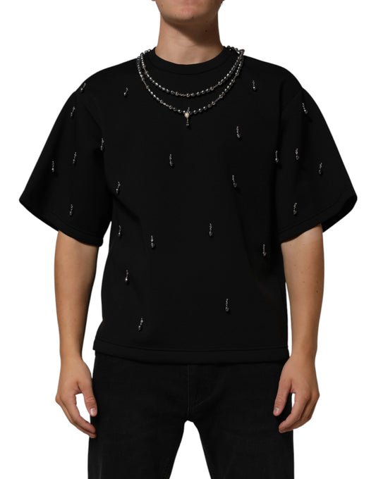Black Polyester Necklace Embellished T-shirt