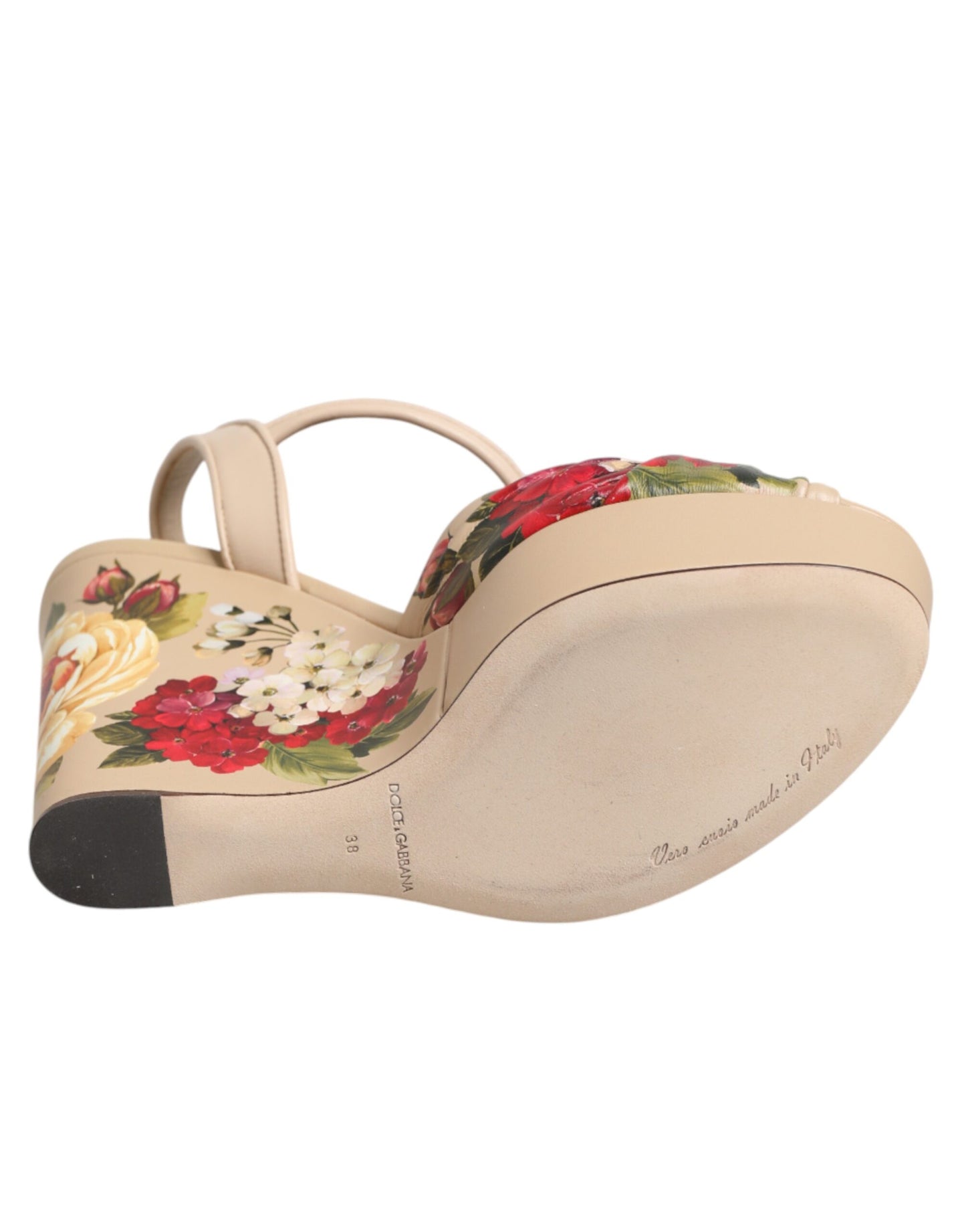 Beige Floral Ankle Strap Wedge Sandals Shoes