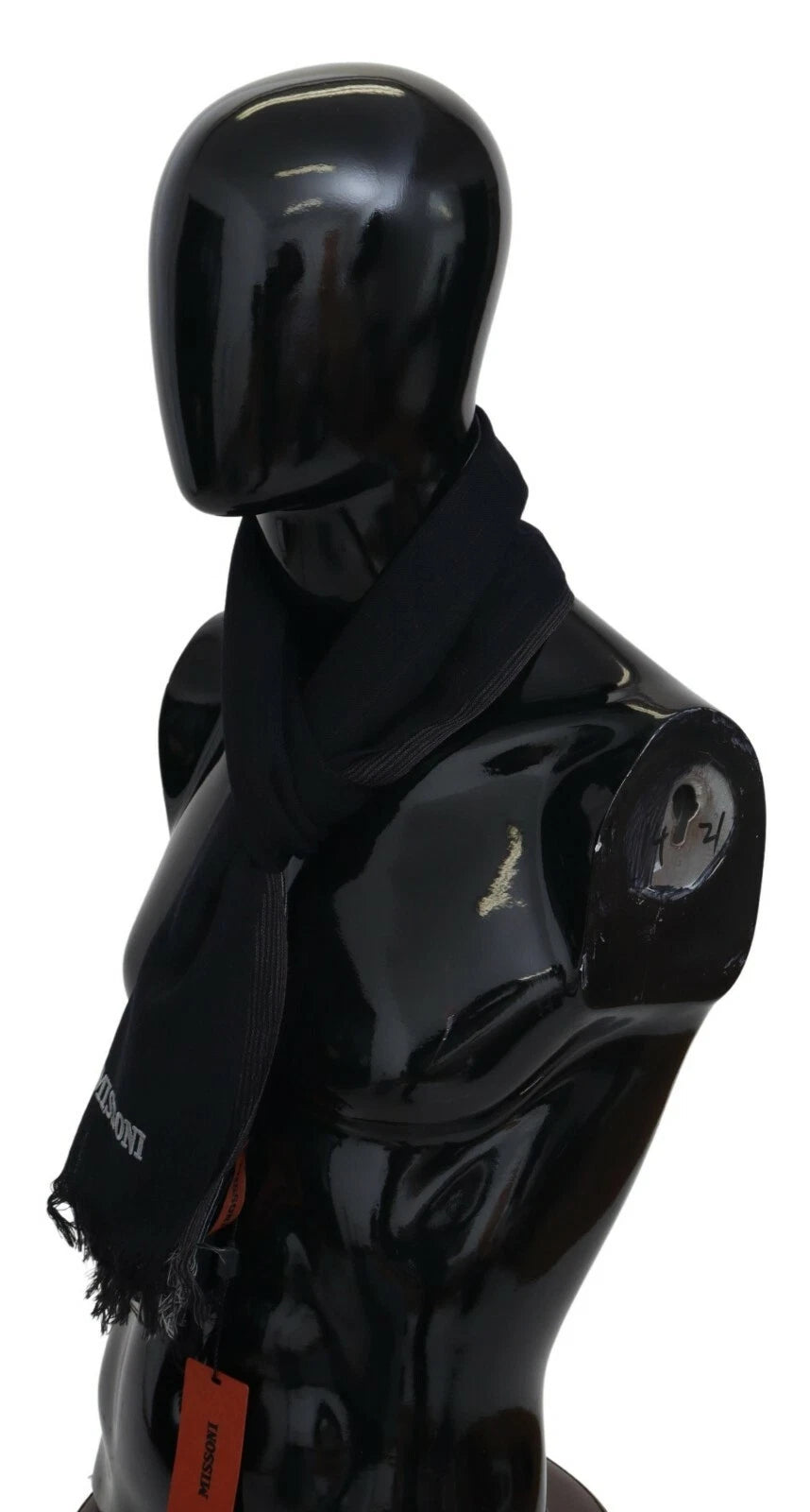 Black Striped Wool Unisex Neck Wrap Fringes Logo Scarf