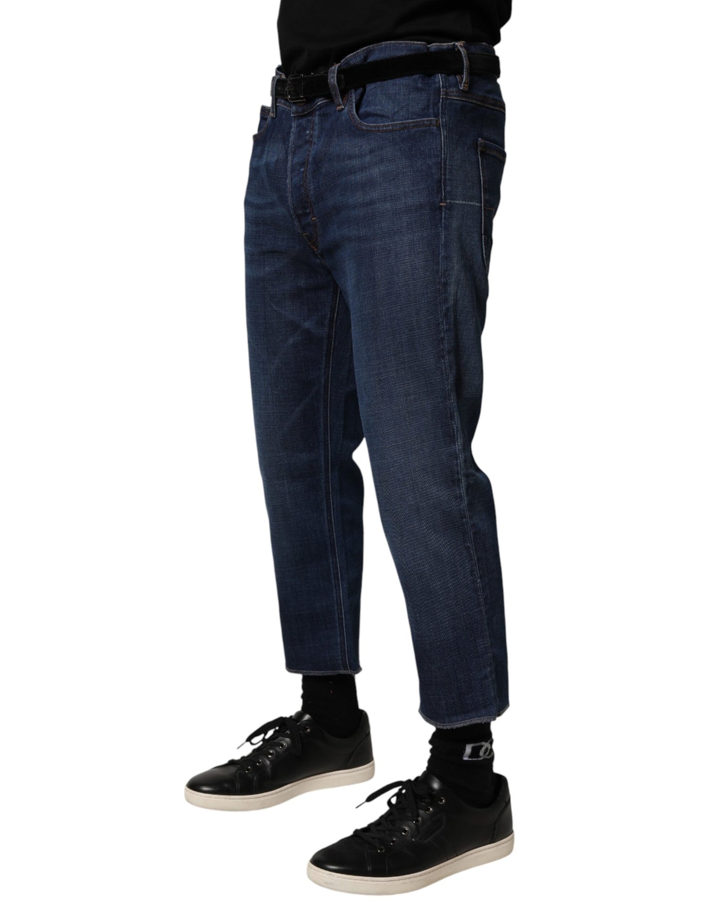 Blue Mid Waist Cotton Men Cropped Denim Jeans