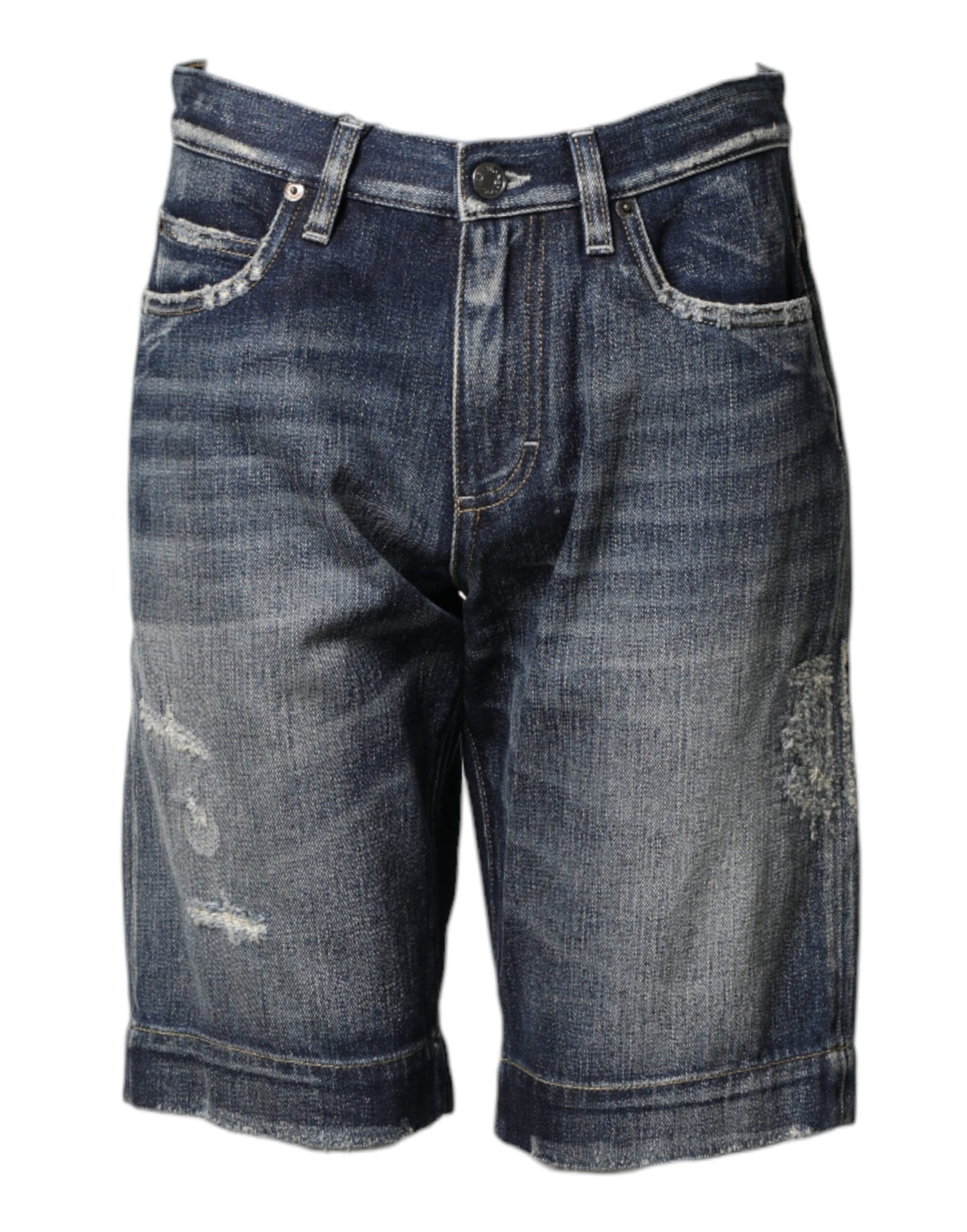 Blue Cotton Distressed Denim Bermuda Shorts