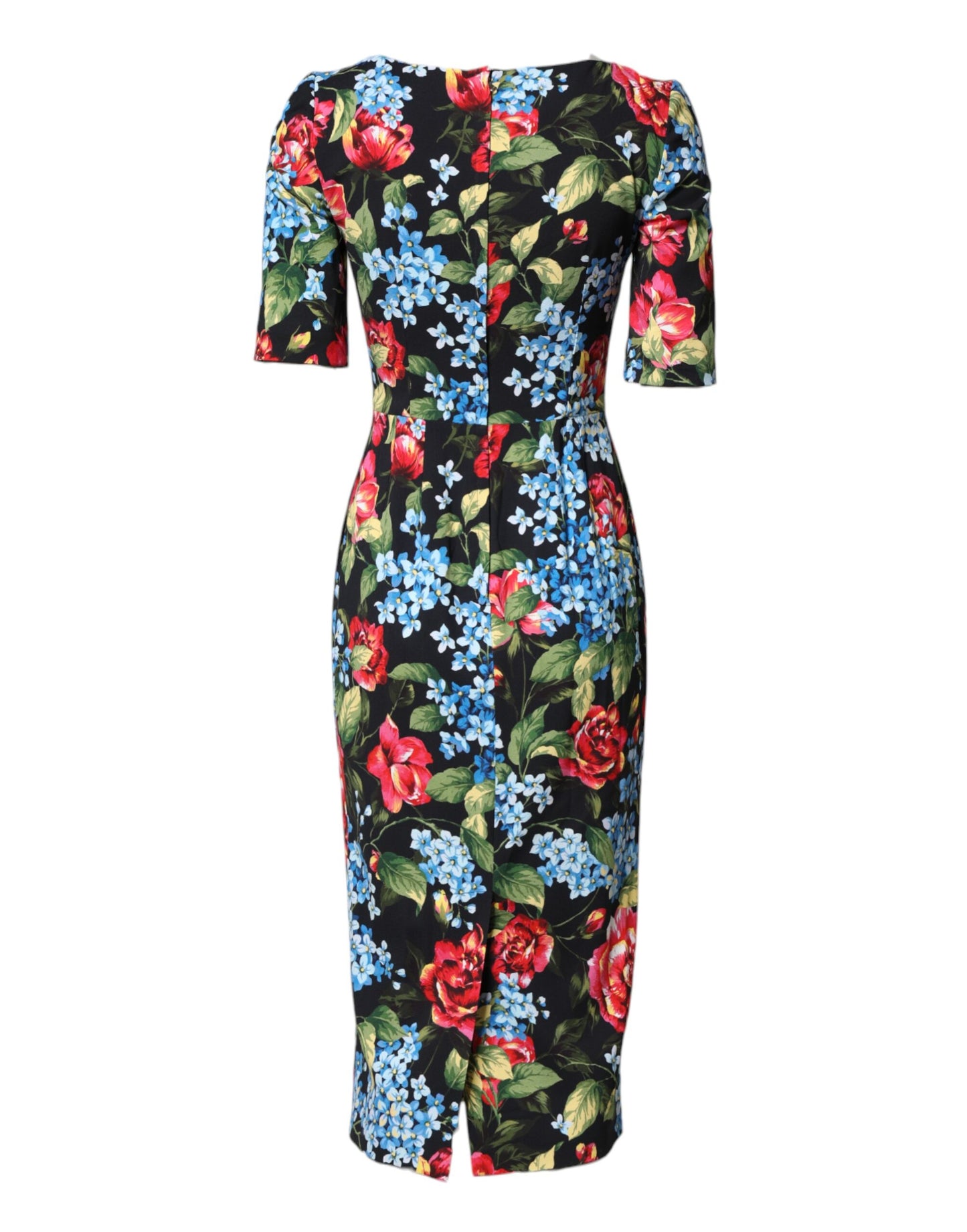 Black Floral Print Viscose Sheath Midi Dress