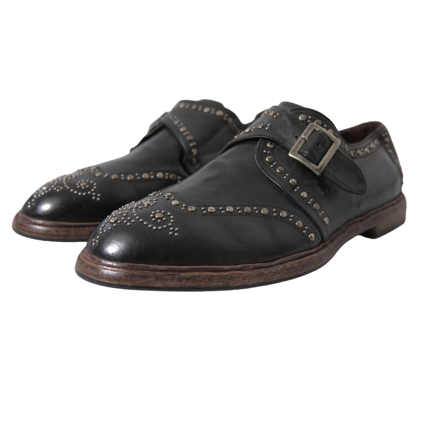 Black Leather Monk Strap Studded Dress Shoes